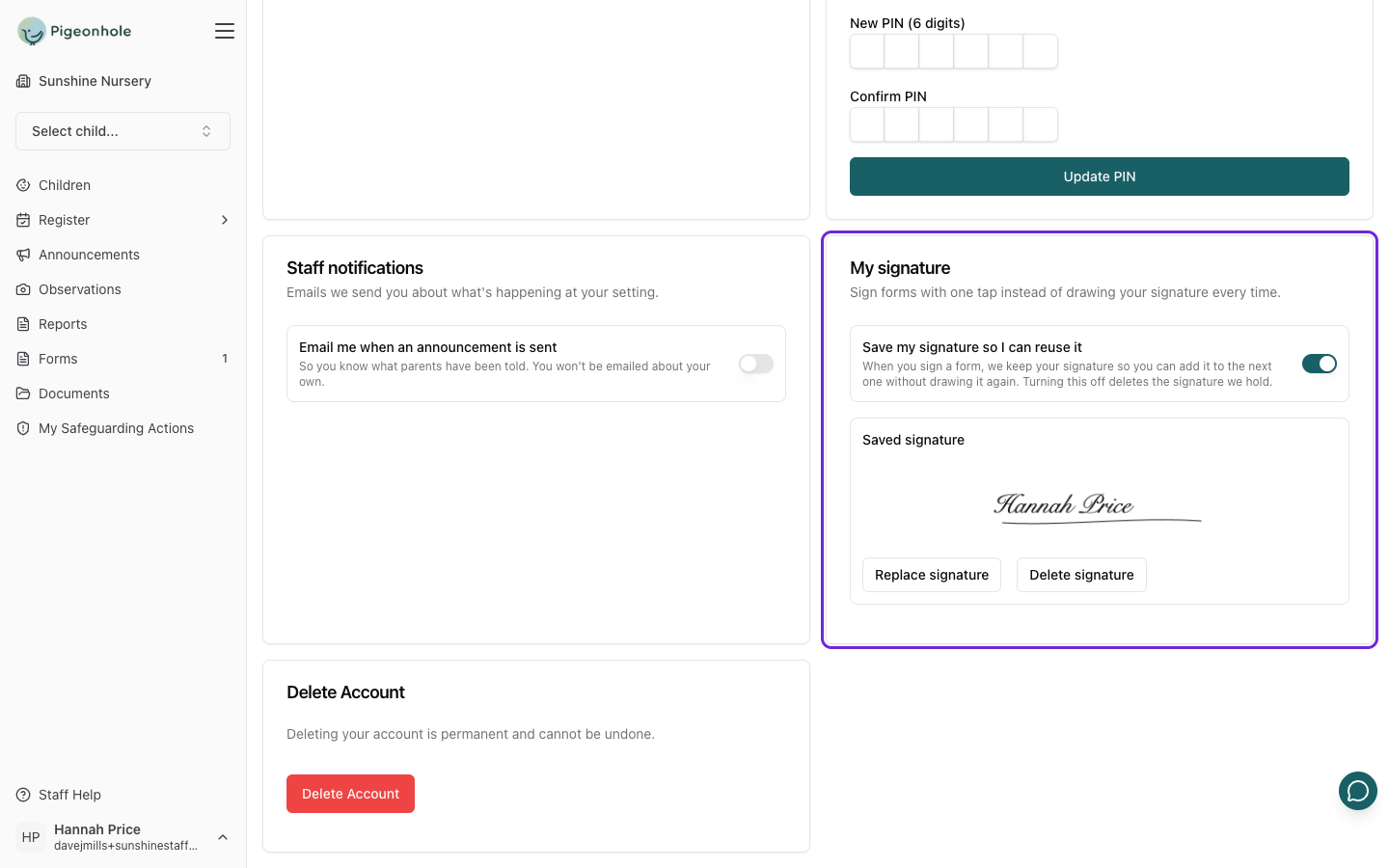 The My signature card on My Account, with the save switch turned on and a saved signature shown