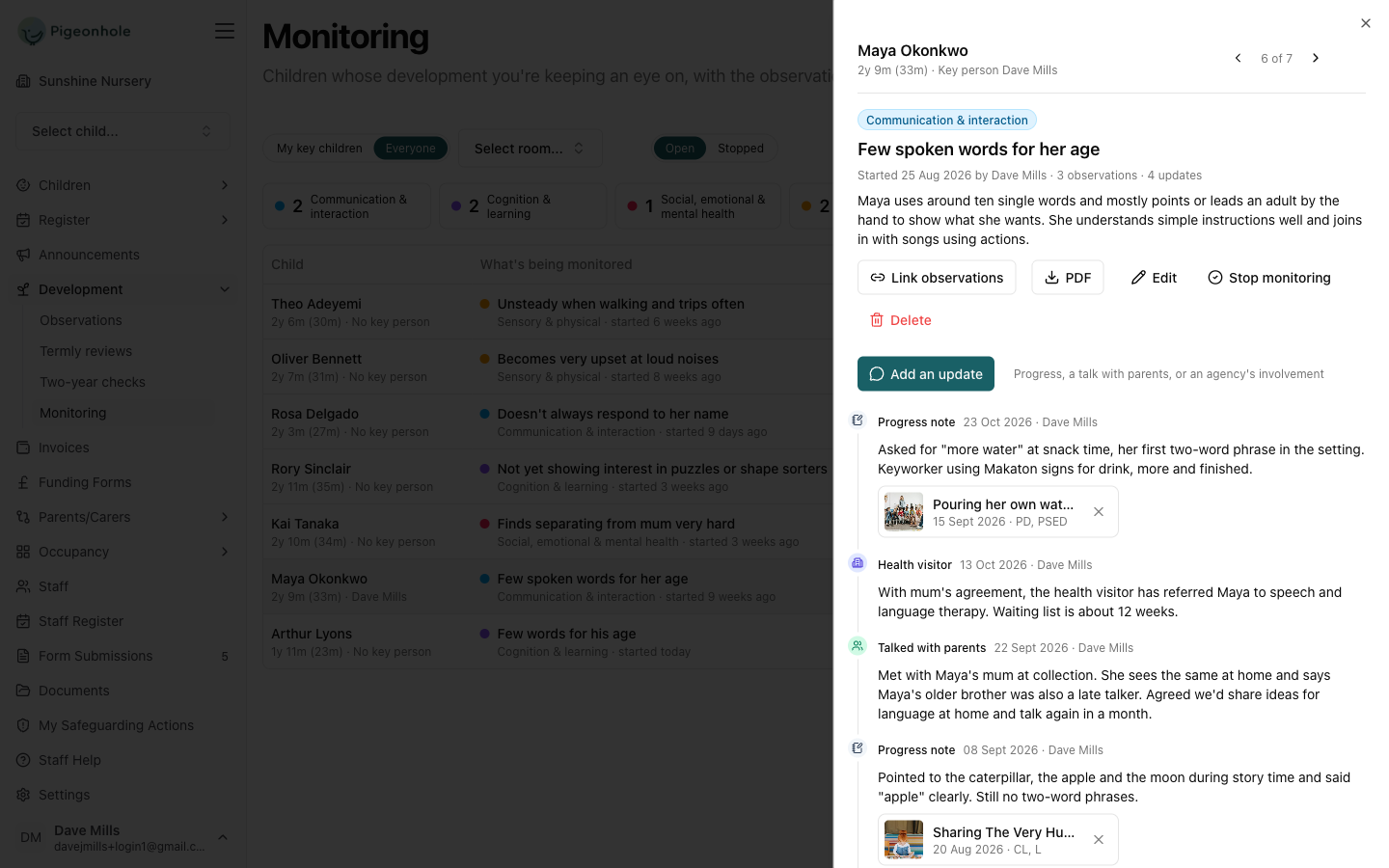 The side panel for Maya Okonkwo's Few spoken words for her age, showing the Link observations, PDF, Edit, Stop monitoring and Delete buttons and a timeline of progress notes, a health visitor update and a talk with parents
