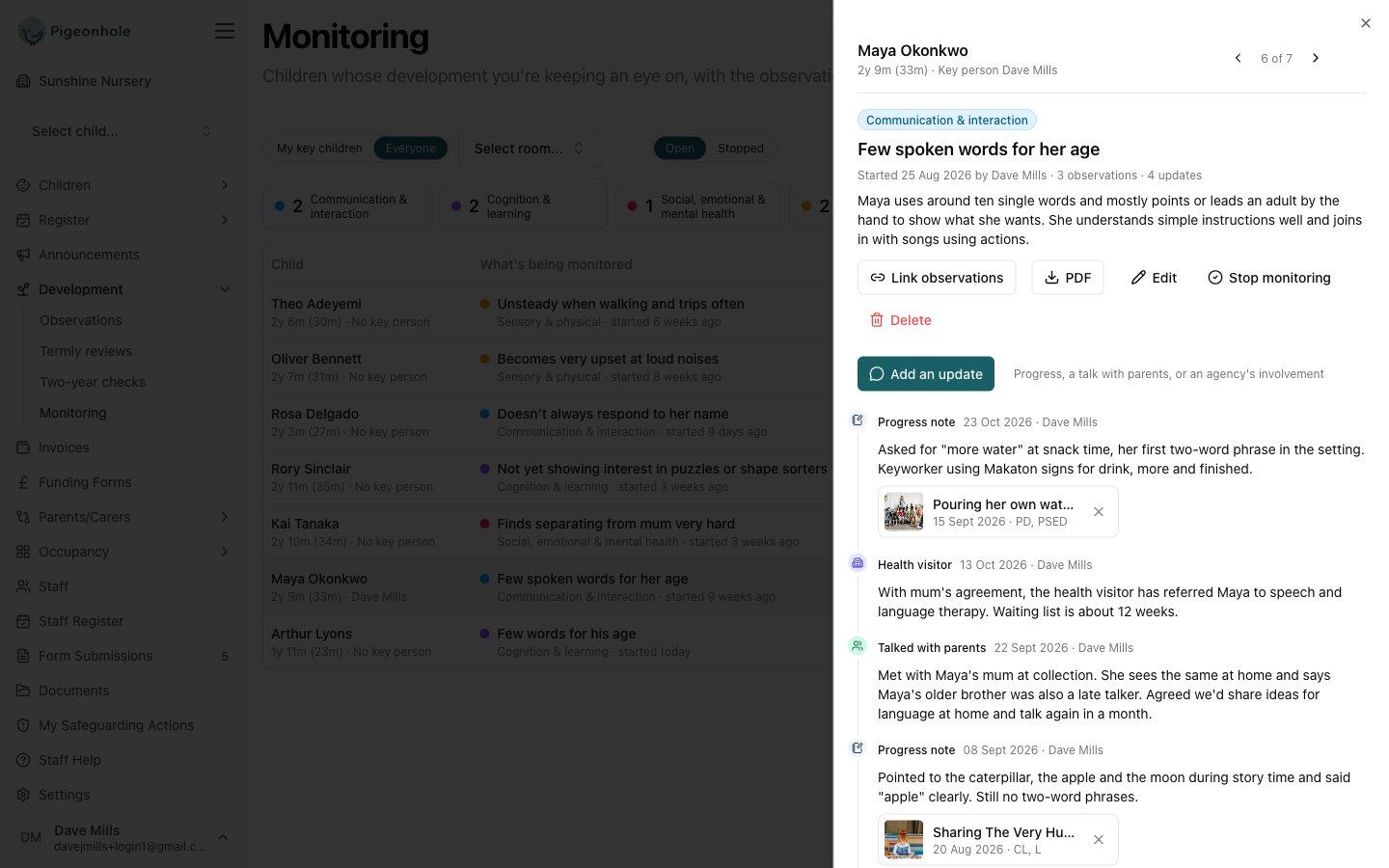 The side panel for Maya Okonkwo's Few spoken words for her age, showing the Link observations, PDF, Edit, Stop monitoring and Delete buttons and a timeline of progress notes, a health visitor update and a talk with parents