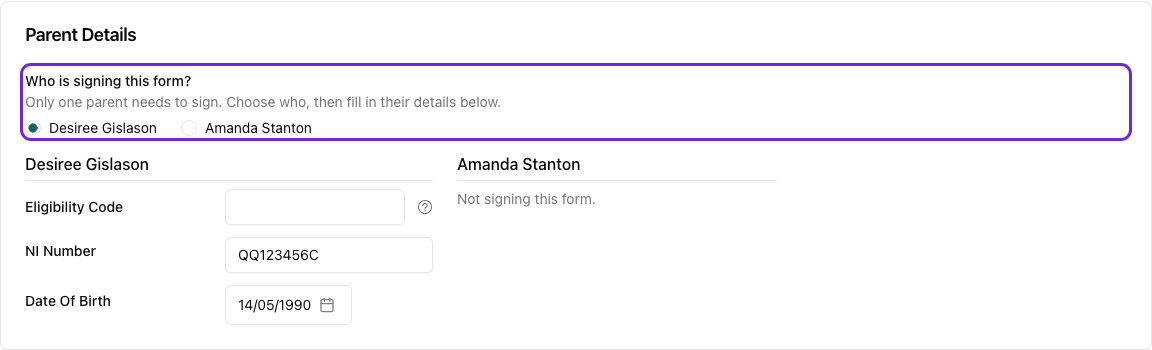 The Parent Details section of a funding form in One parent mode, showing the Who is signing this form? choice and the other parent marked Not signing this form
