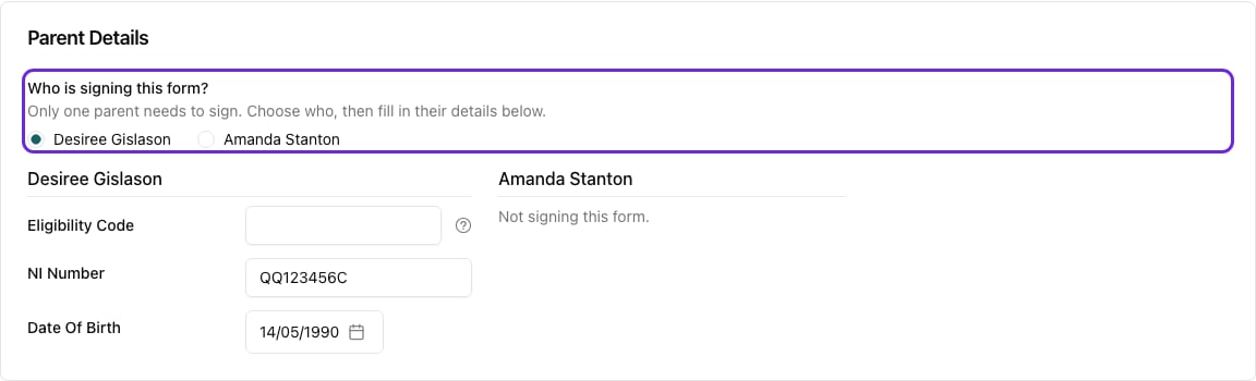 The Parent Details section of a funding form in One parent mode, showing the Who is signing this form? choice and the other parent marked Not signing this form