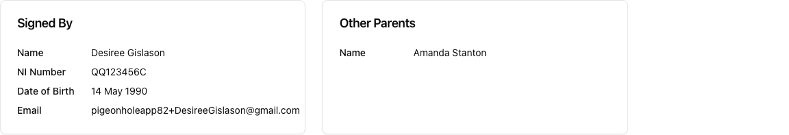 The funding form view showing the Signed By card with the signing parent's details beside the Other Parents card