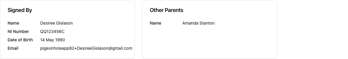 The funding form view showing the Signed By card with the signing parent's details beside the Other Parents card