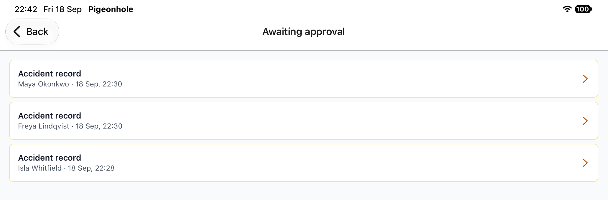 The Awaiting approval list in the app, showing three accident records