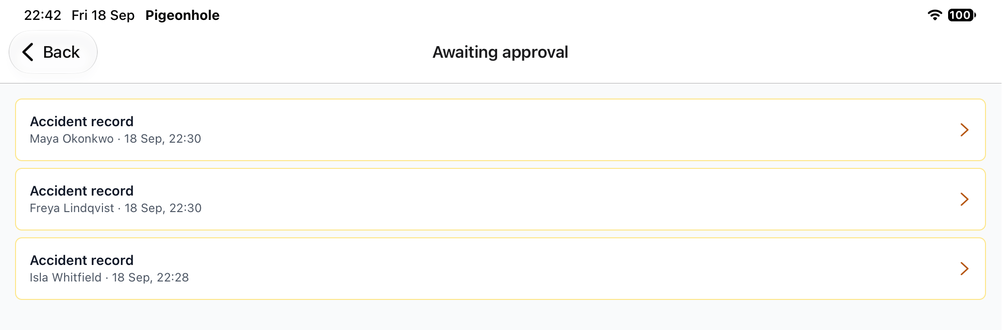 The Awaiting approval list in the app, showing three accident records