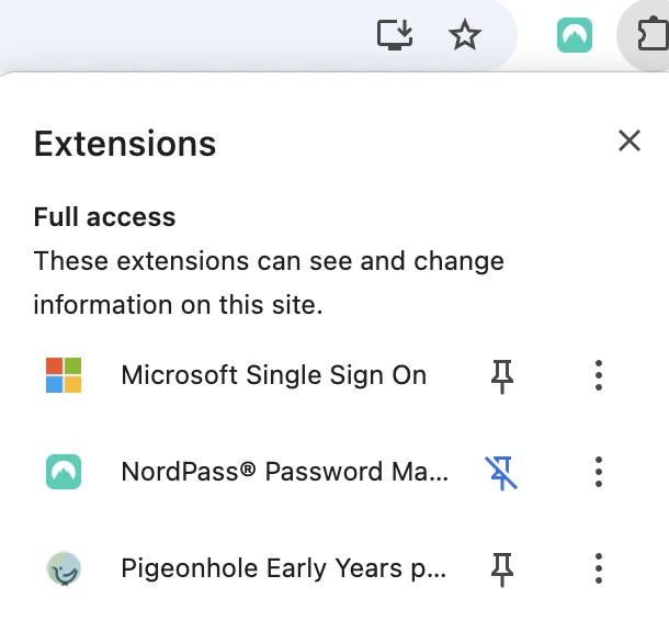 Chrome extensions menu showing the pin option for Pigeonhole