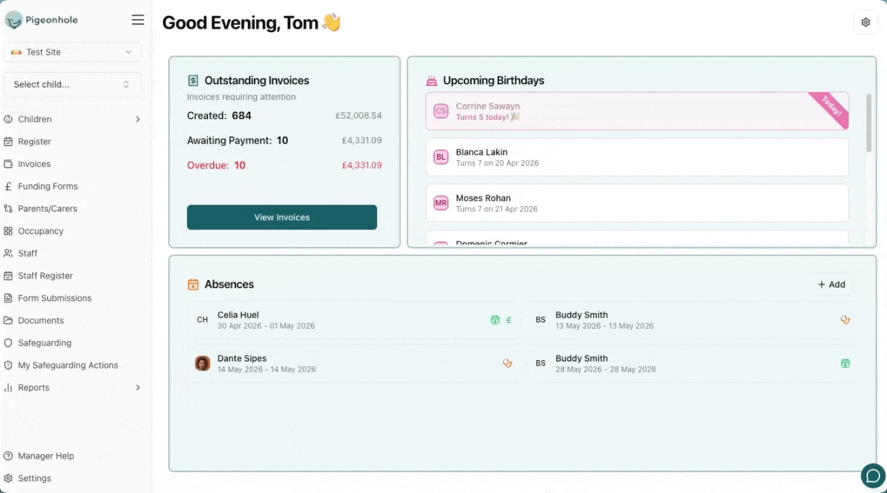 Edit absence widget
