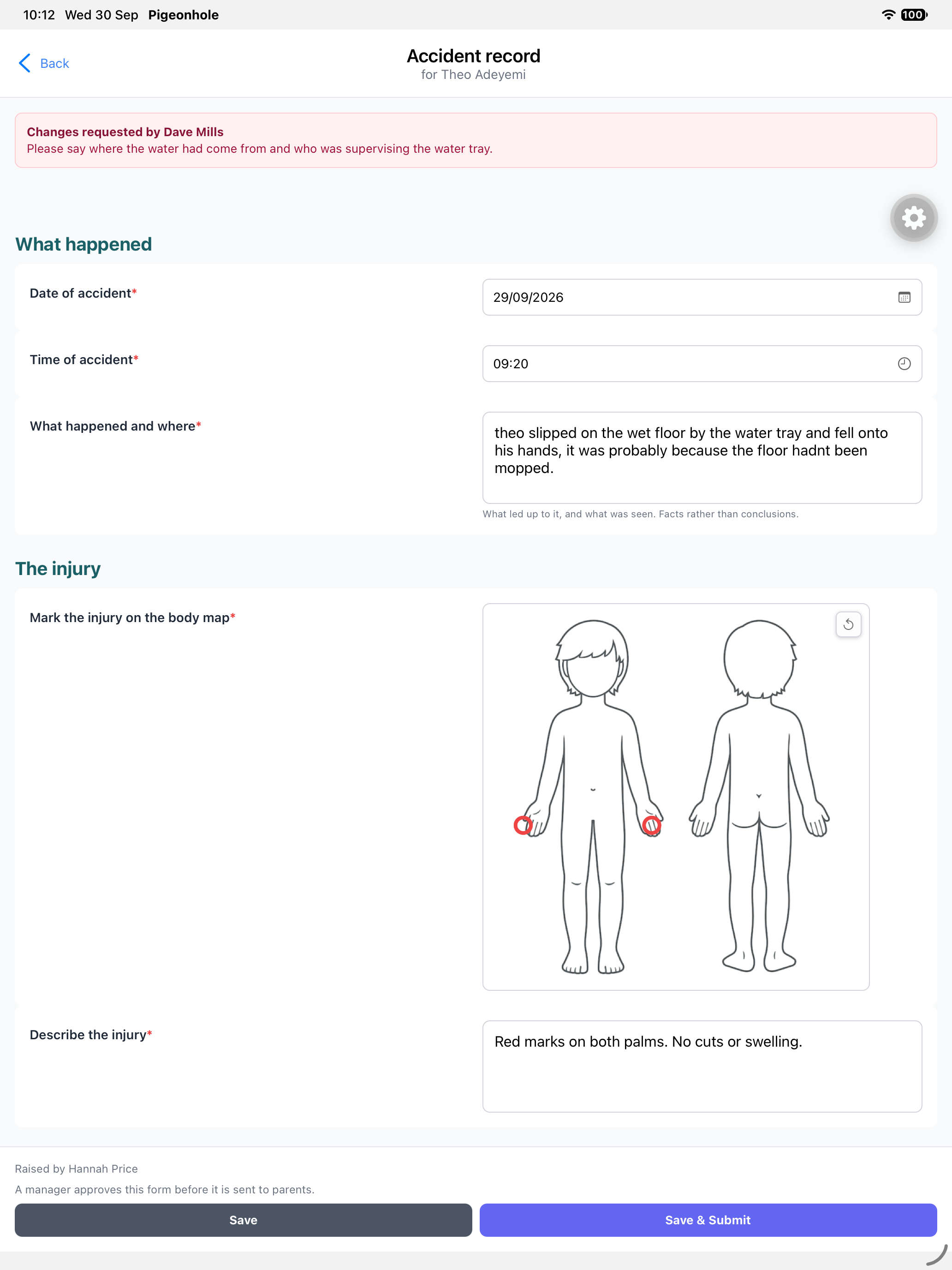 An accident record open in the app, with the manager's changes requested note at the top and Save & Submit at the bottom