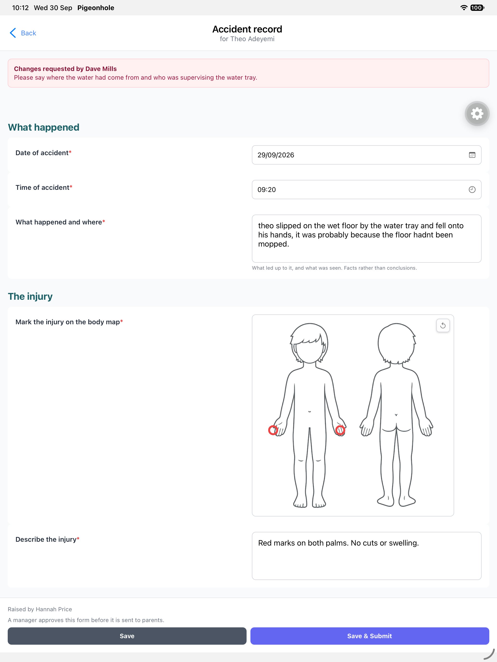 An accident record open in the app, with the manager's changes requested note at the top and Save & Submit at the bottom