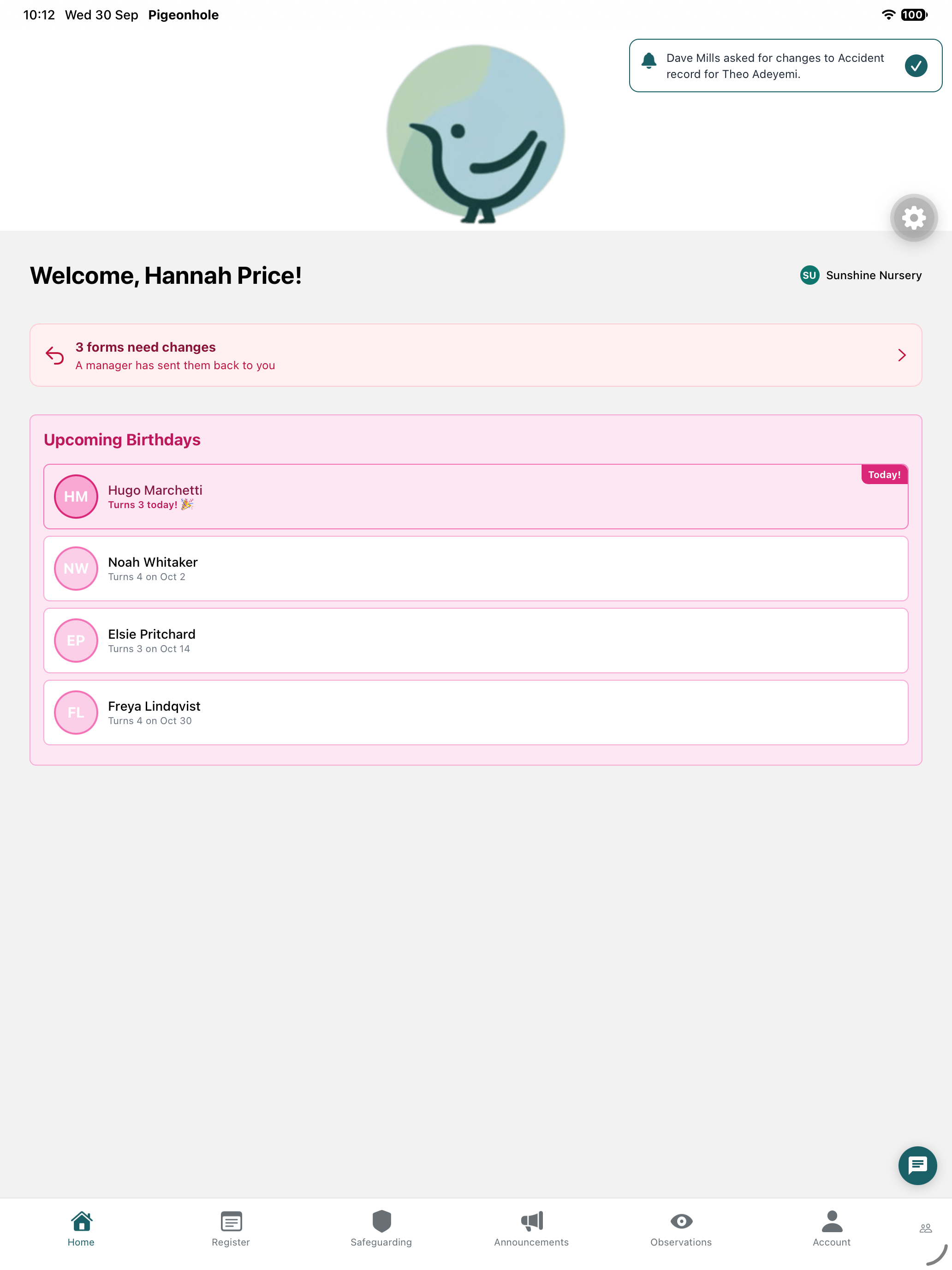 The app's home screen with the notification "Dave Mills asked for changes to Accident record for Theo Adeyemi" and a card saying 3 forms need changes