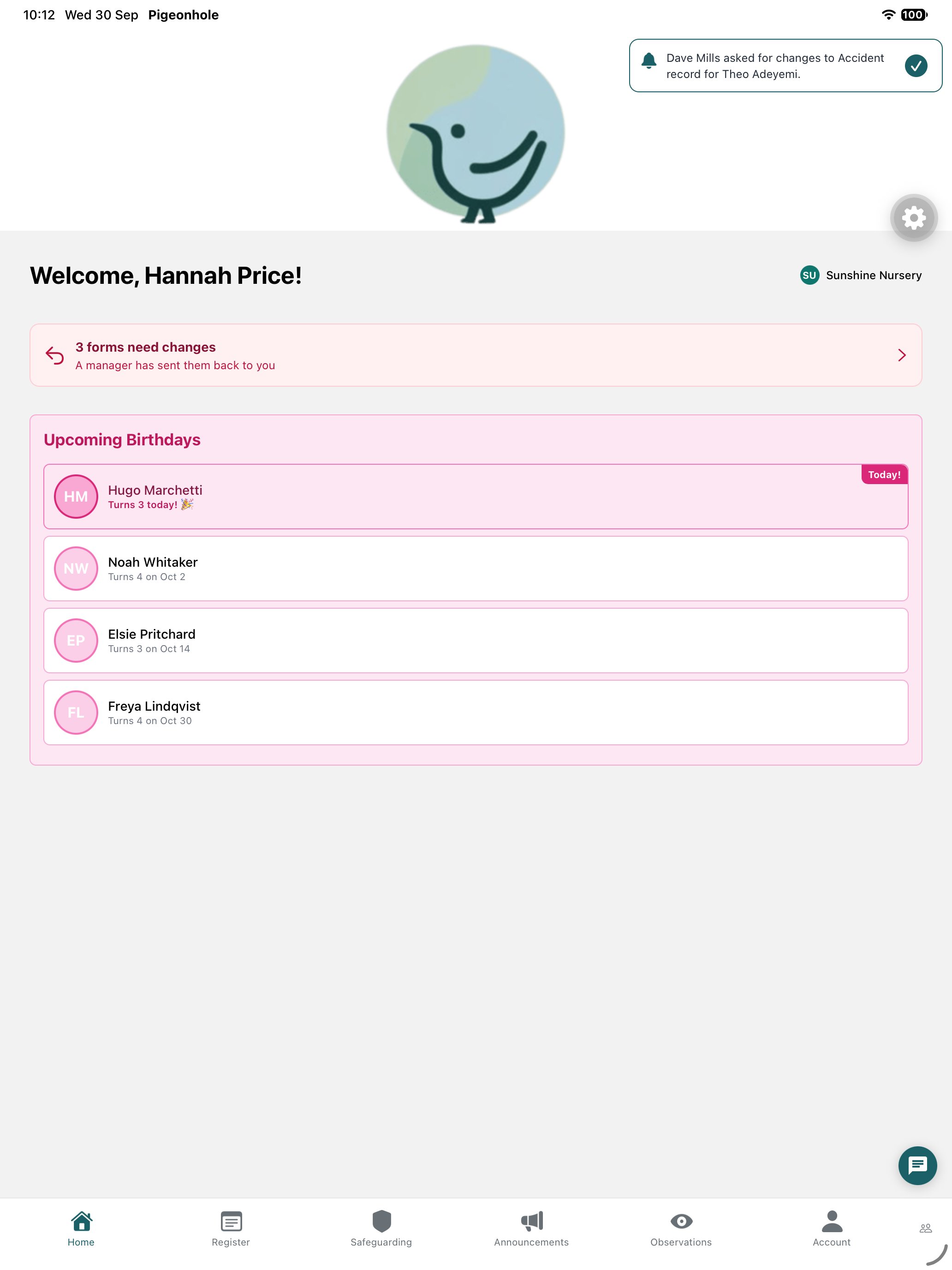 The app's home screen with the notification "Dave Mills asked for changes to Accident record for Theo Adeyemi" and a card saying 3 forms need changes