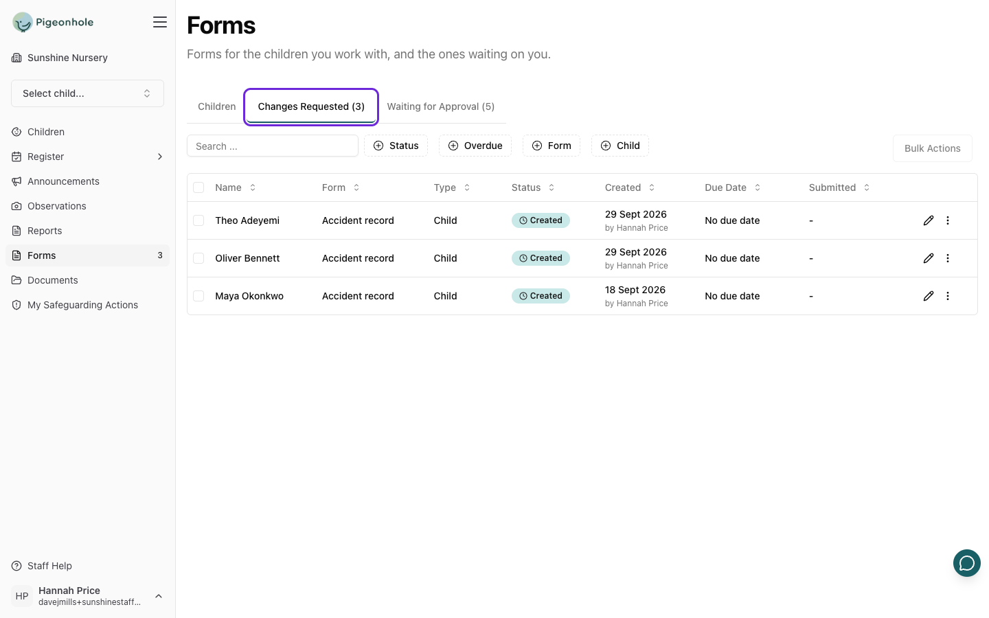 The Forms page on the Changes Requested tab, showing three accident records sent back to the staff member