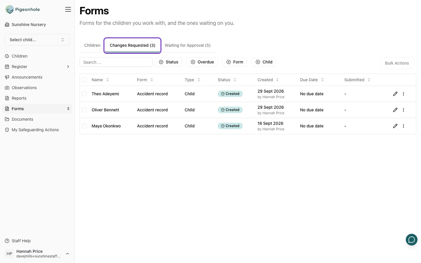 The Forms page on the Changes Requested tab, showing three accident records sent back to the staff member