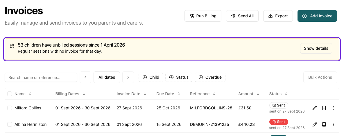 The Invoices page with the unbilled sessions banner highlighted: "53 children have unbilled sessions since 1 April 2026", with a Show details button