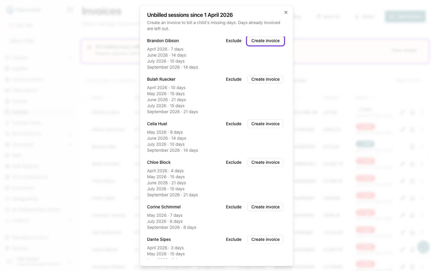 The Unbilled sessions dialog listing children, with months and day counts under each name and Exclude and Create invoice buttons
