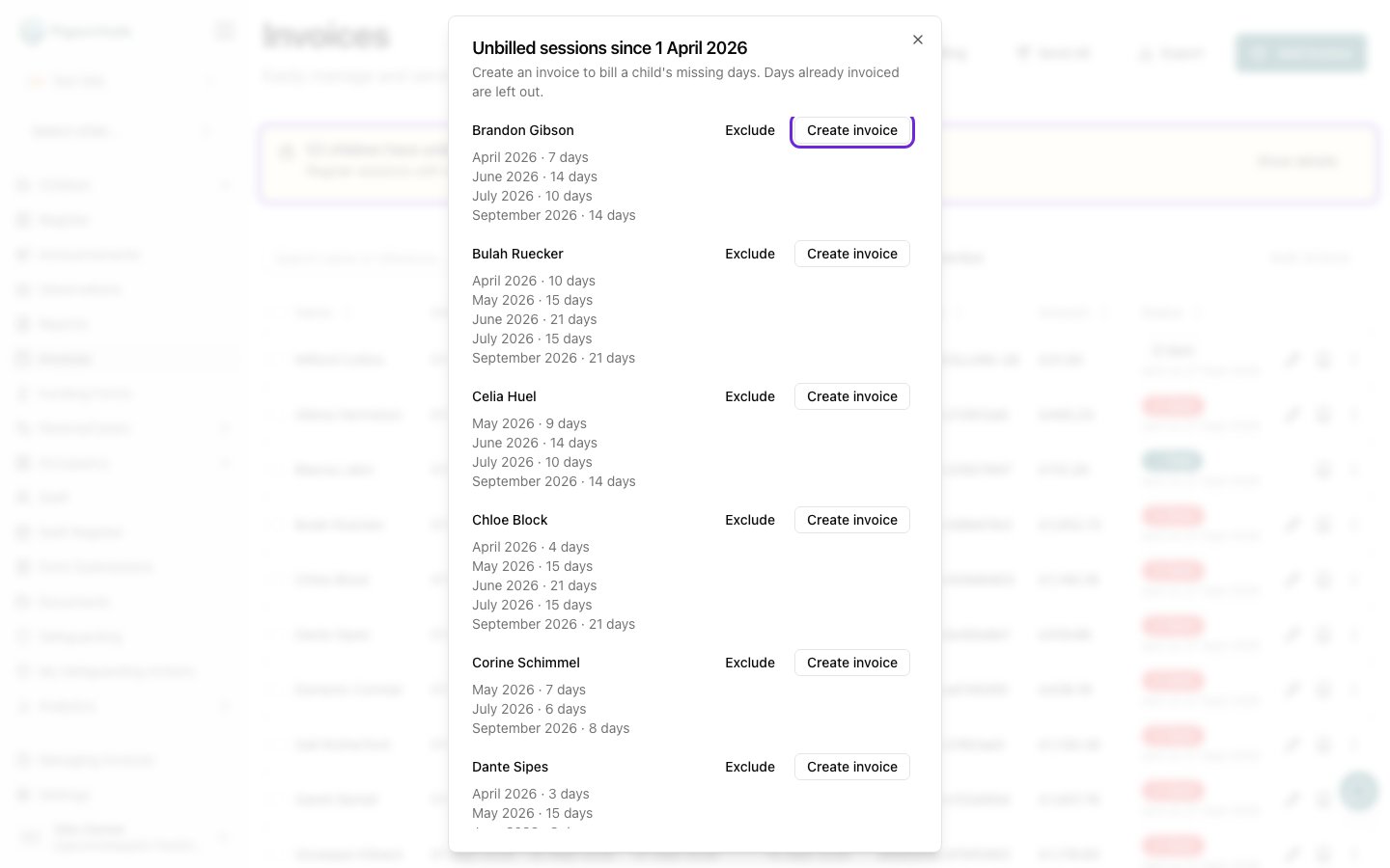 The Unbilled sessions dialog listing children, with months and day counts under each name and Exclude and Create invoice buttons