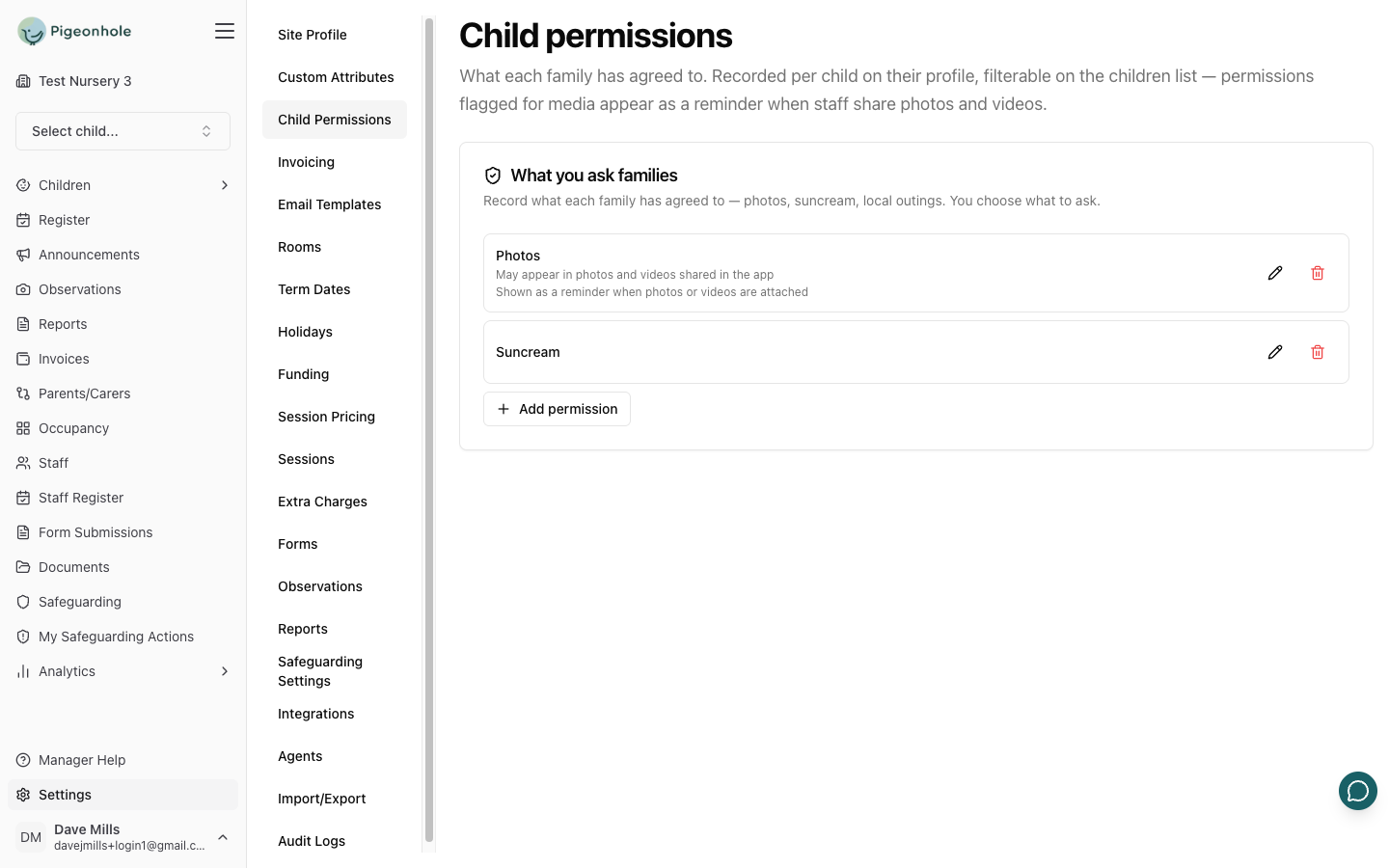 The Child permissions settings page showing a Photos permission flagged for media reminders and a Suncream permission, with an Add permission button