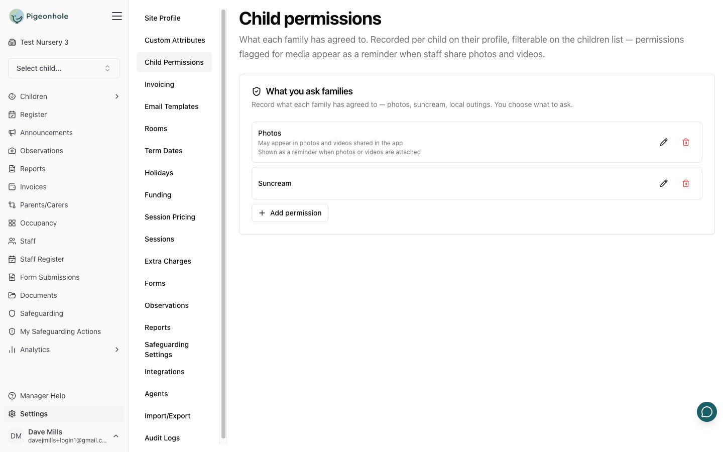 The Child permissions settings page showing a Photos permission flagged for media reminders and a Suncream permission, with an Add permission button