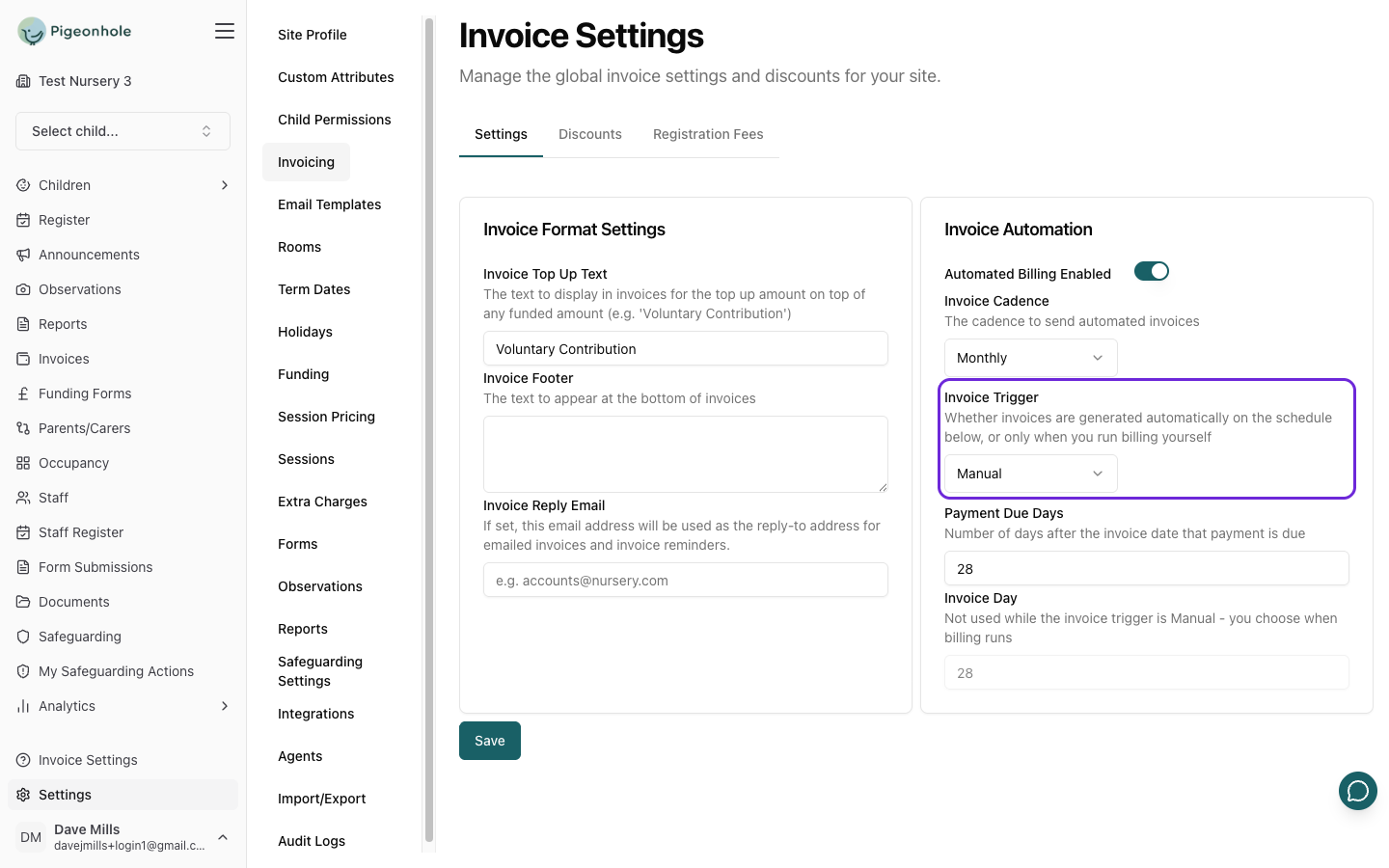 The Invoice Automation card with Invoice Trigger set to Manual and the Invoice Day field greyed out