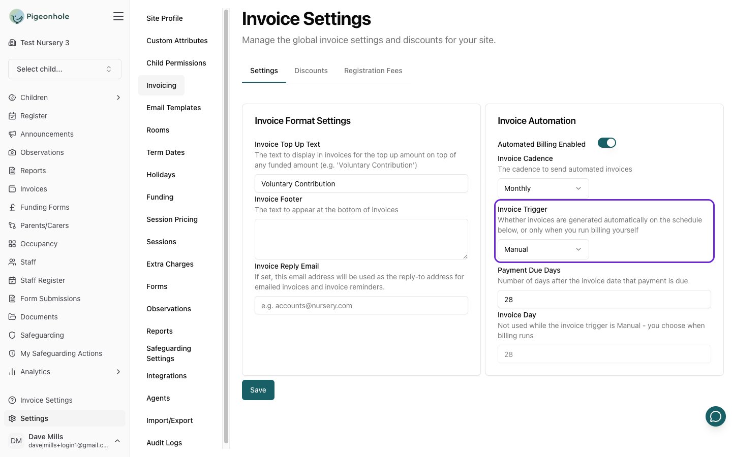 The Invoice Automation card with Invoice Trigger set to Manual and the Invoice Day field greyed out
