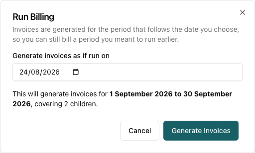 The Run Billing dialog showing the run date and the billing period it produces, in bold