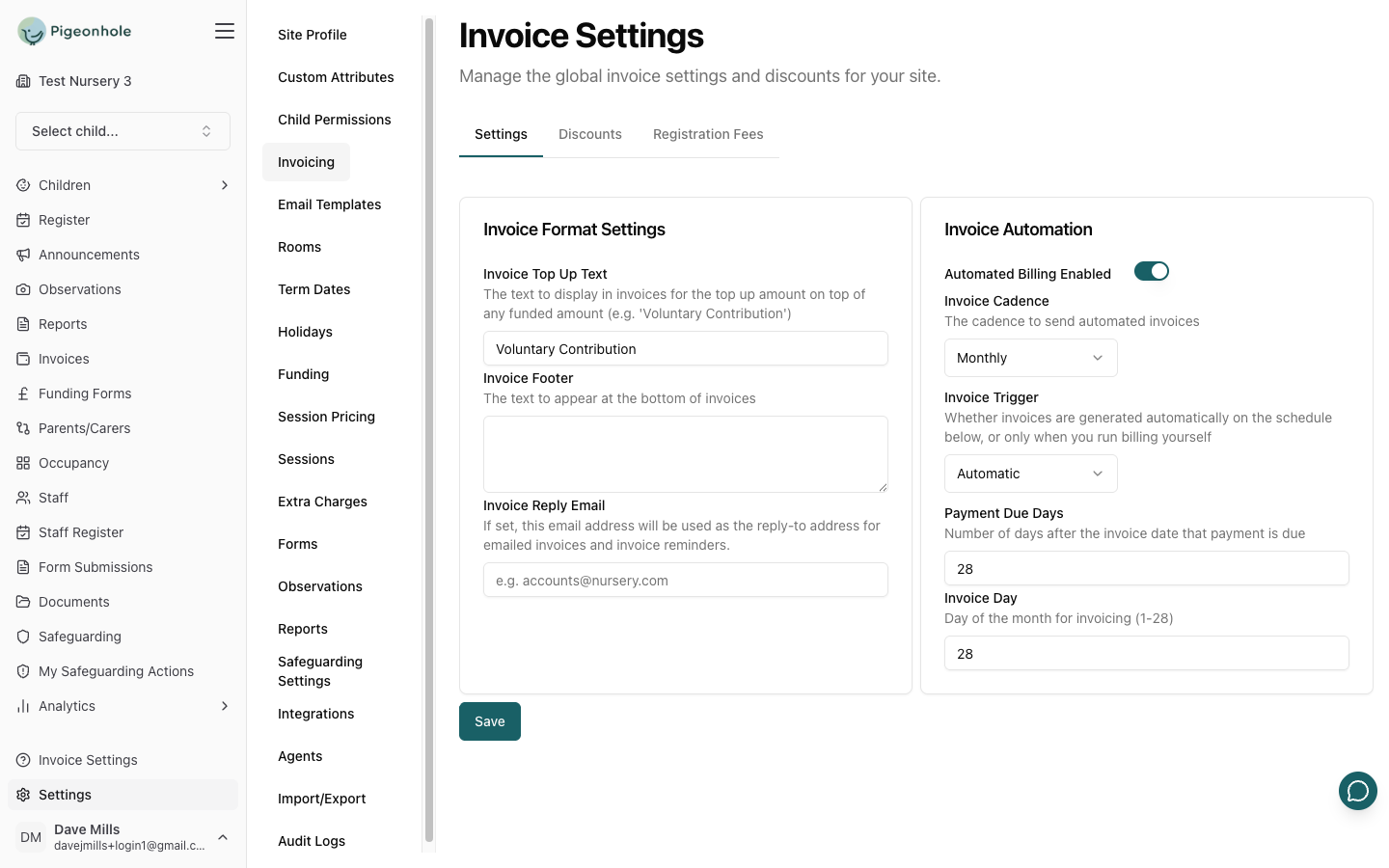 The Invoicing settings page showing the Invoice Format Settings and Invoice Automation cards