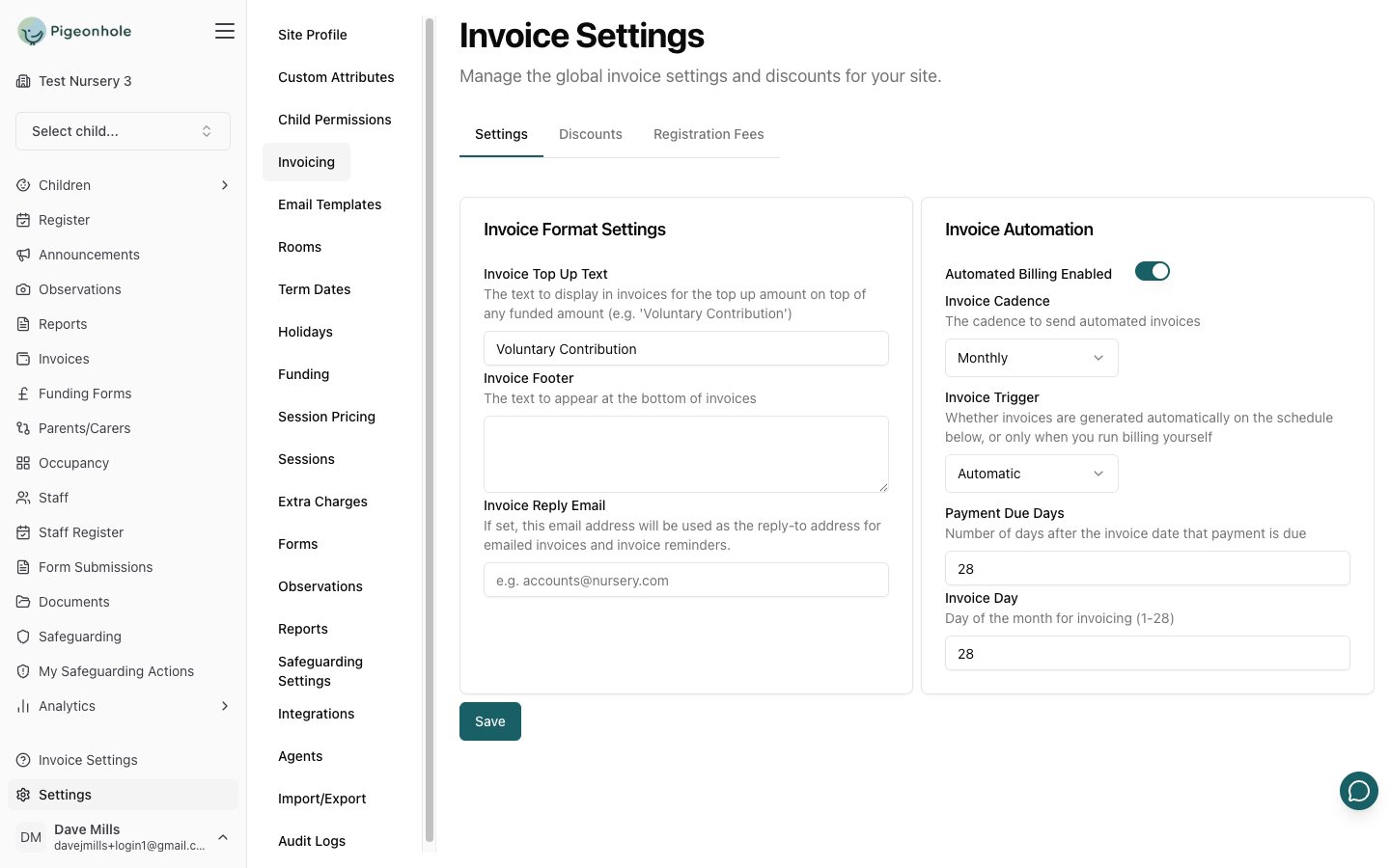 The Invoicing settings page showing the Invoice Format Settings and Invoice Automation cards