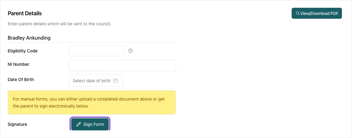The Parent Details section of a saved manual form, showing the Sign Form button that captures the parent's signature