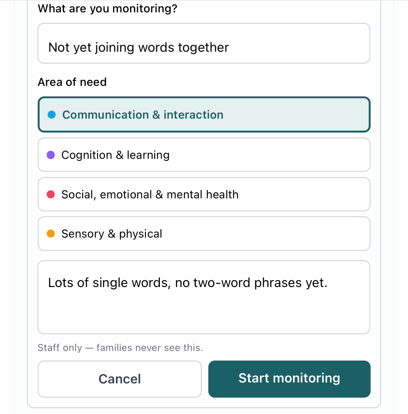 The Monitoring section of a child's profile in the staff app, starting to monitor Not yet joining words together under Communication and interaction