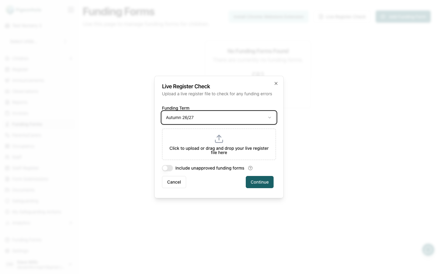 The Live Register Check upload dialog with the funding term selector and the CSV drag-and-drop area
