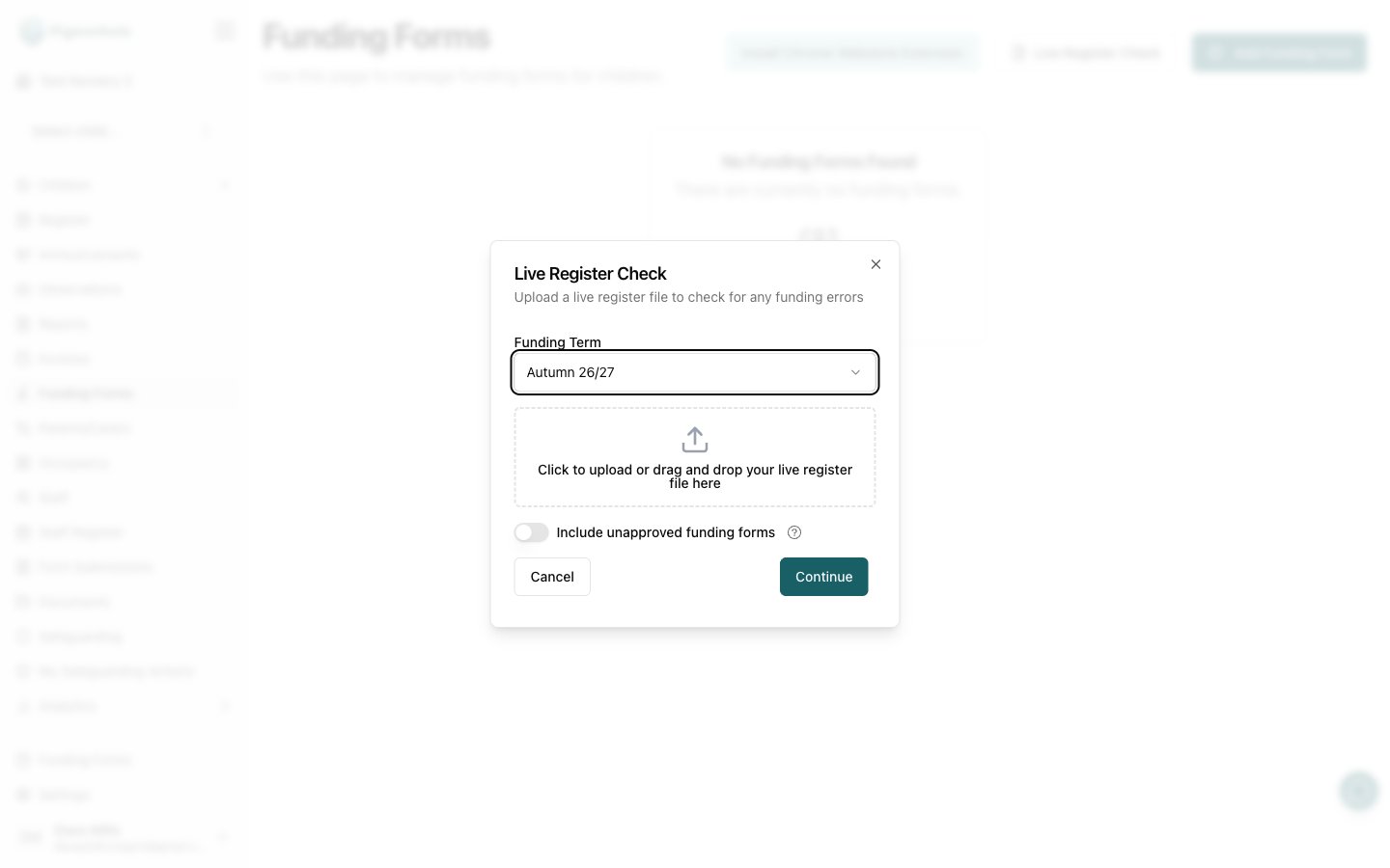 The Live Register Check upload dialog with the funding term selector and the CSV drag-and-drop area