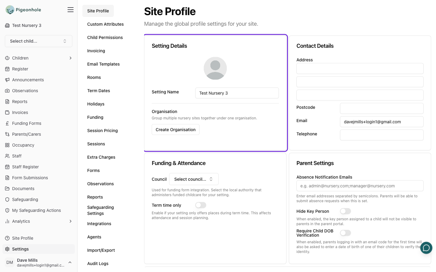 Organisation card on the Site Profile settings page showing the Create Organisation button