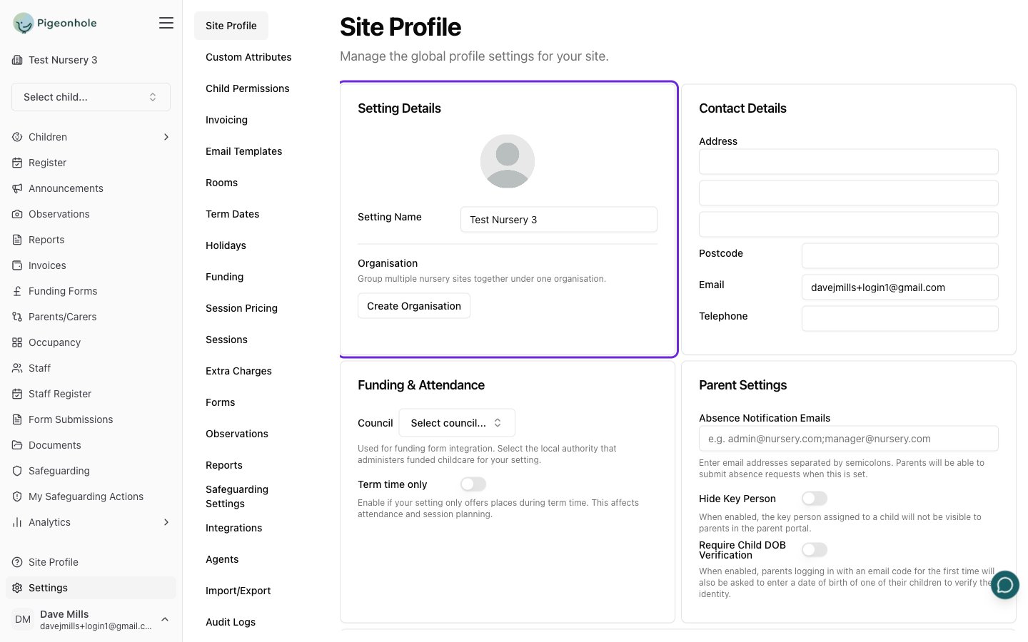 Organisation card on the Site Profile settings page showing the Create Organisation button
