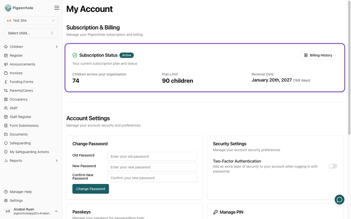 The My Account page showing the Subscription & Billing section above the Account Settings cards