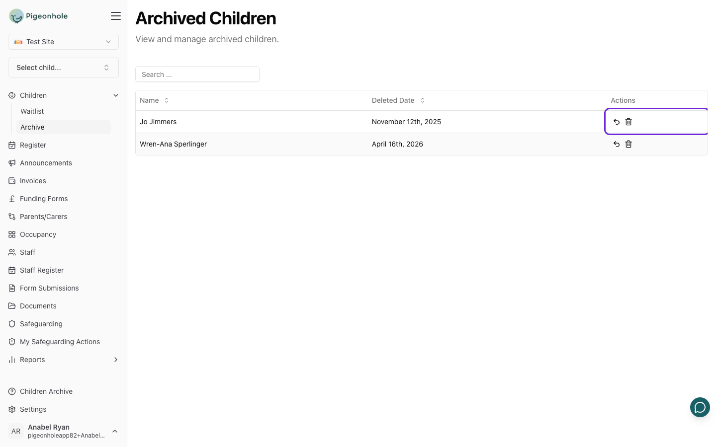 The Archived Children page showing the Deleted Date column and the Restore and Hard Delete actions