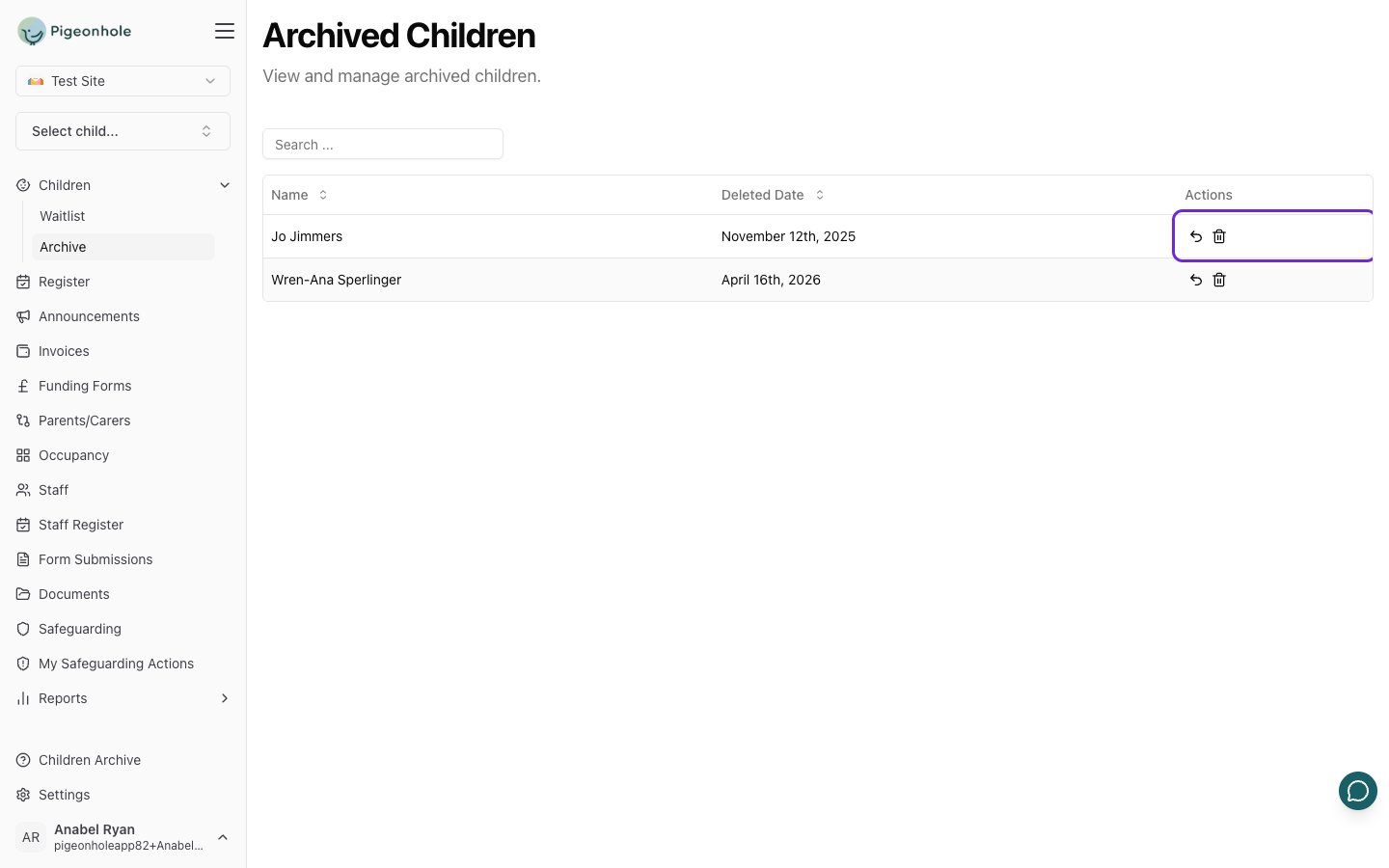 The Archived Children page showing the Deleted Date column and the Restore and Hard Delete actions
