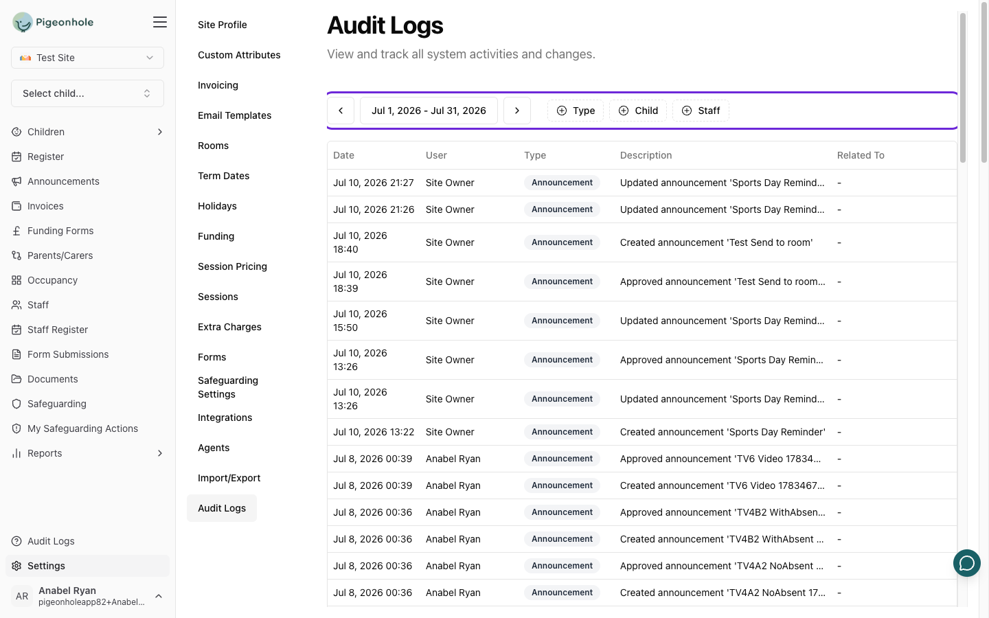 Audit logs page displaying a table of recent changes with date range and filter controls