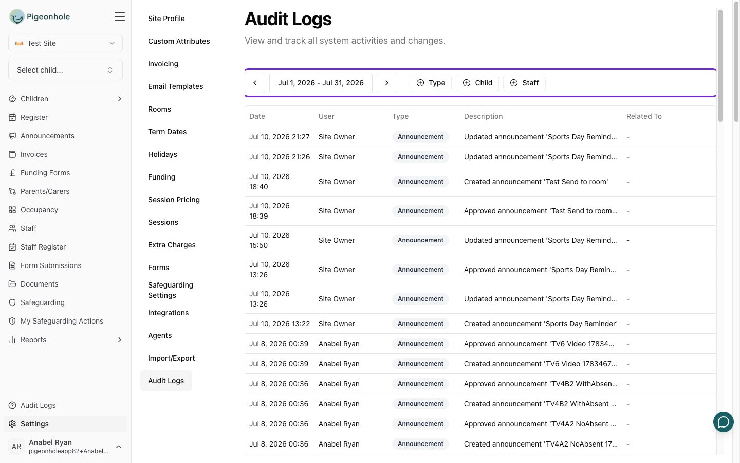 Audit logs page displaying a table of recent changes with date range and filter controls
