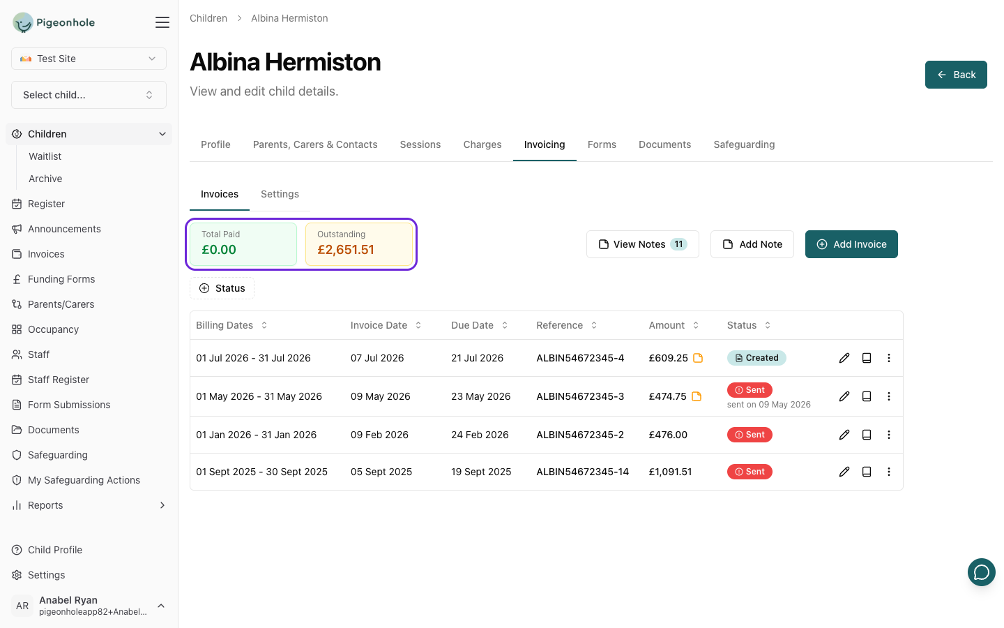 Child profile Invoices sub-tab showing the Total Paid and Outstanding cards, Add Invoice button, Status filter, and Finance Notes buttons