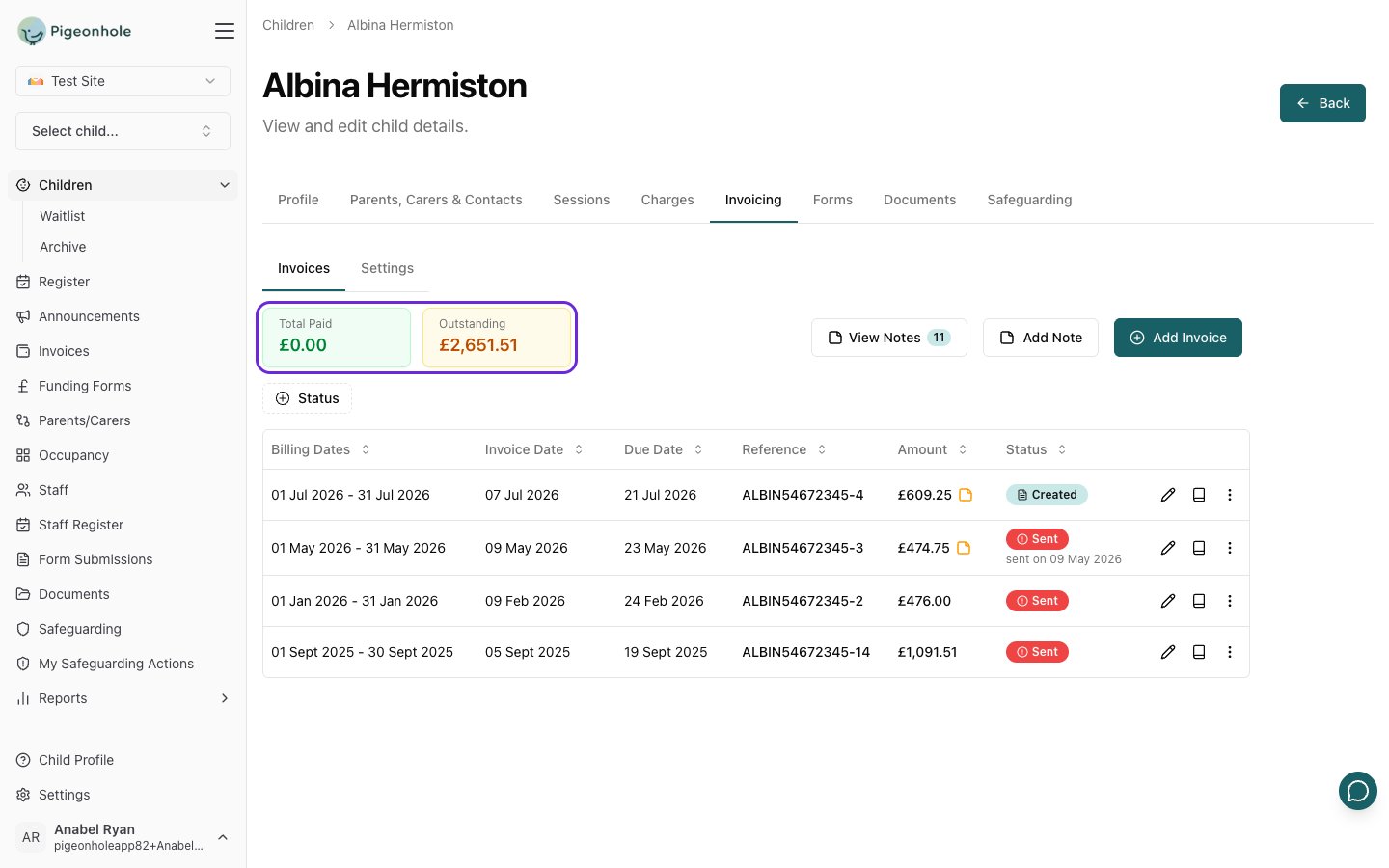 Child profile Invoices sub-tab showing the Total Paid and Outstanding cards, Add Invoice button, Status filter, and Finance Notes buttons