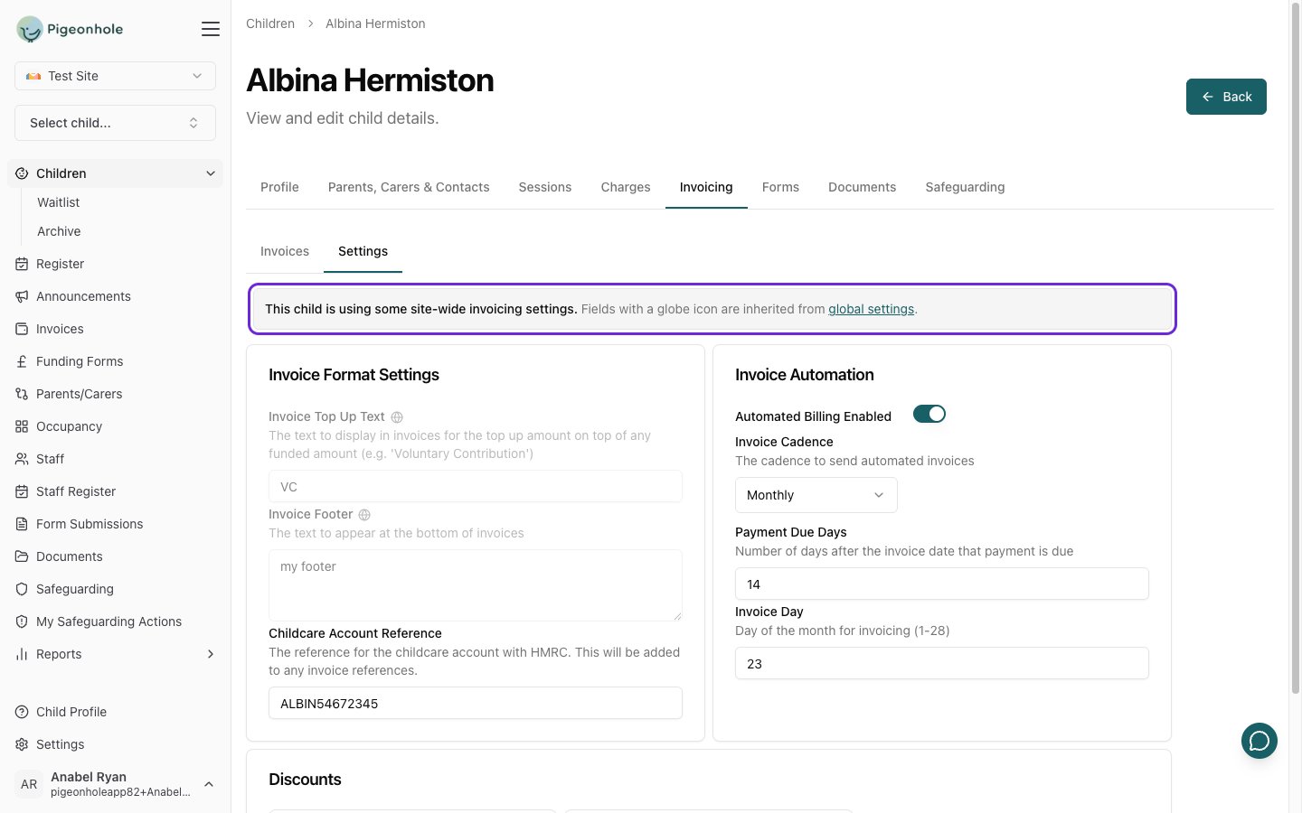 Child invoicing Settings sub-tab showing the inheritance banner, globe icons on inherited fields, and the automation options