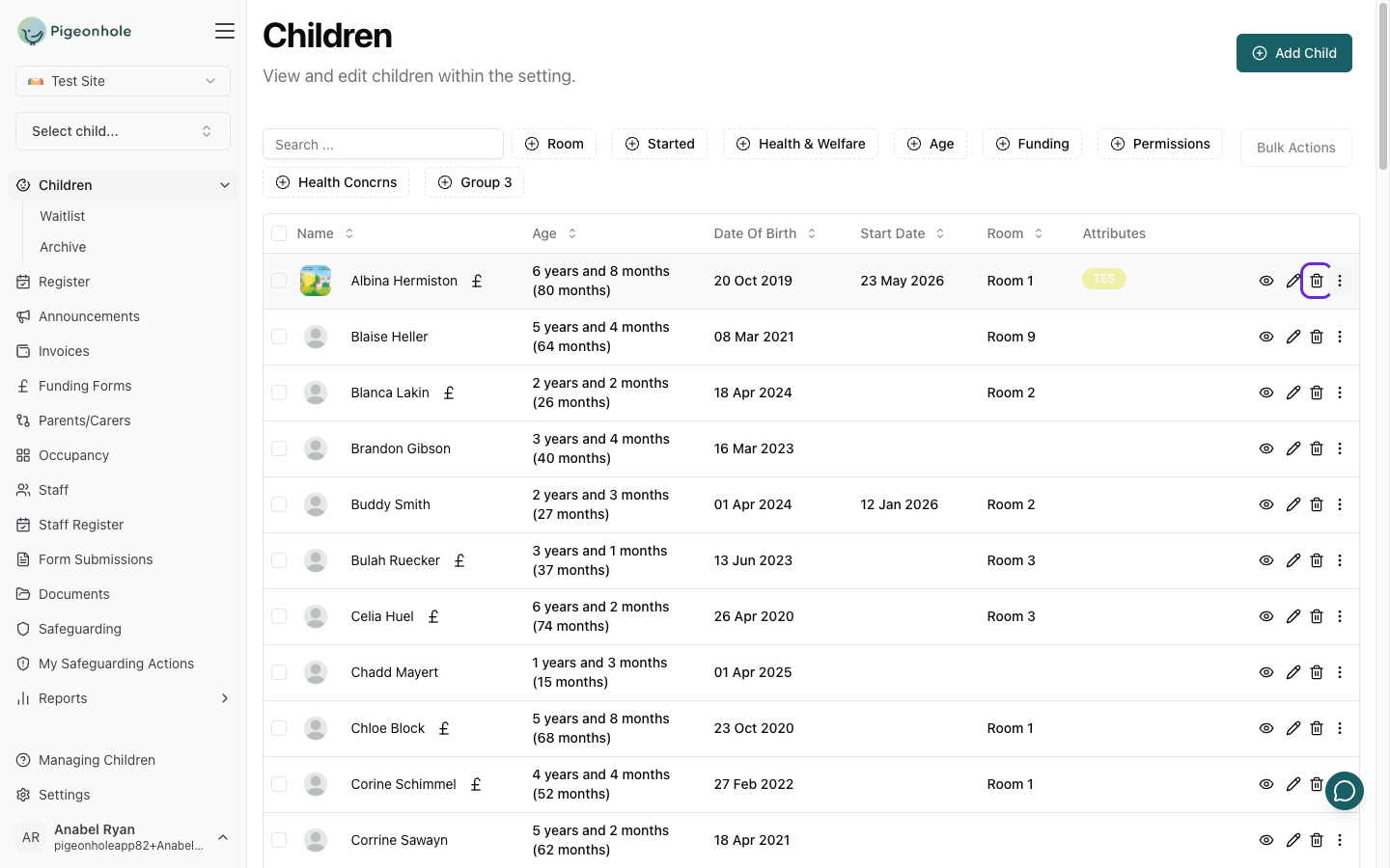 The Children list row menu showing the delete (archive) action