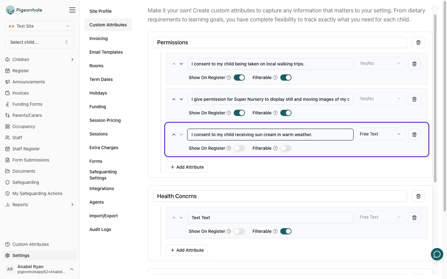 Adding an attribute to a group, showing the name field, type dropdown, and the Show On Register and Filterable toggles