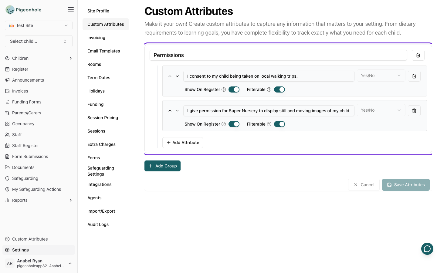 The Custom Attributes settings page showing an attribute group with several attributes inside it