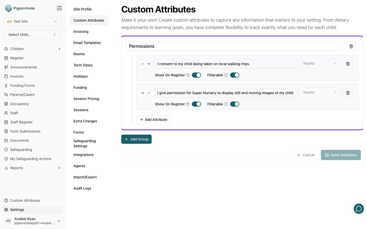The Custom Attributes settings page showing an attribute group with several attributes inside it