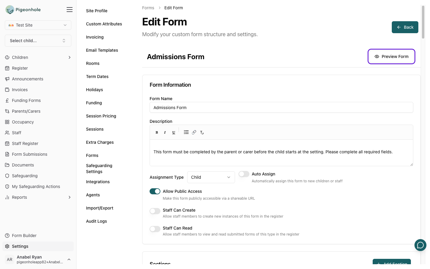 The Preview Form button in the form builder sticky header