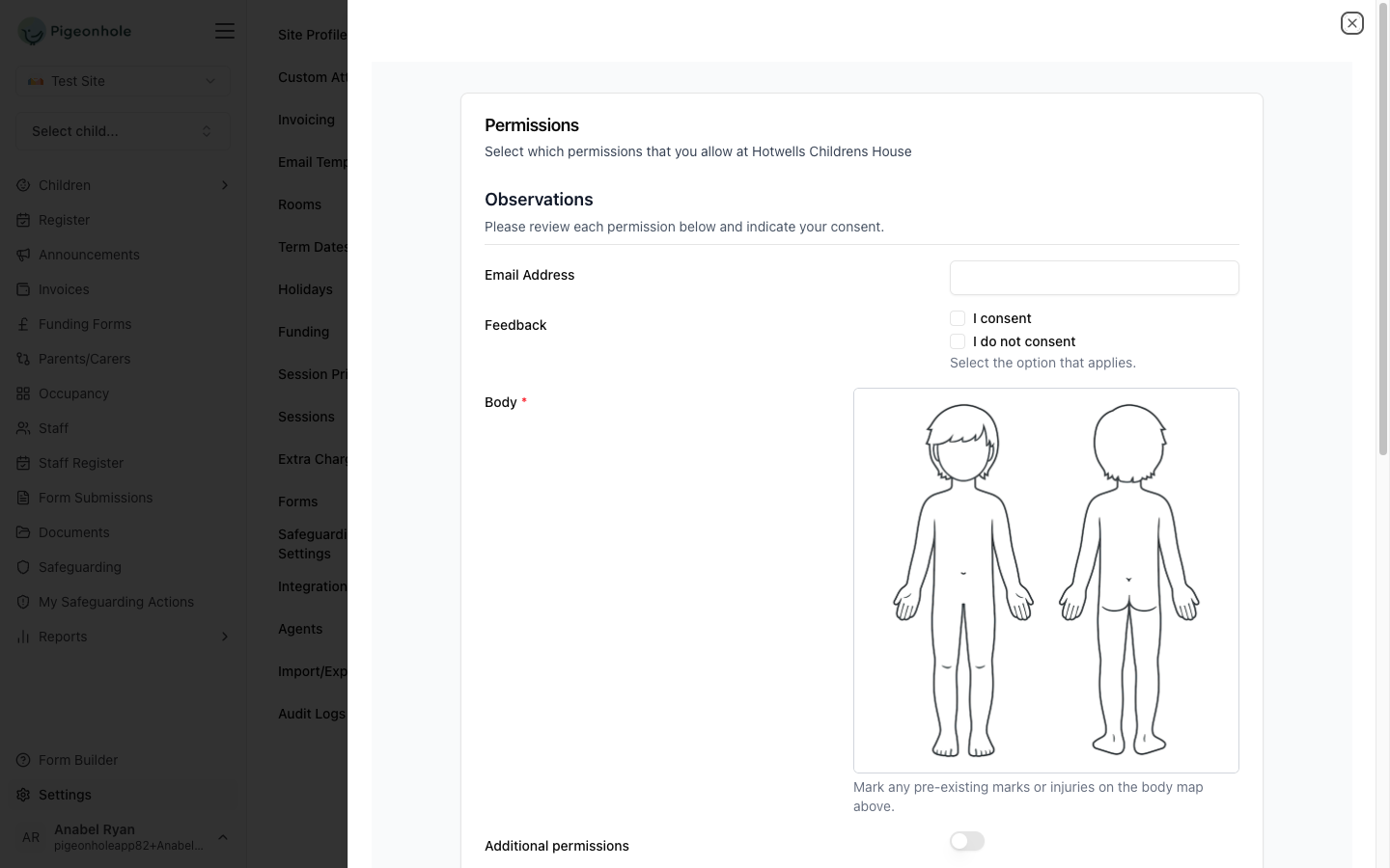 The Preview Form slide-out panel showing the form as parents will see it
