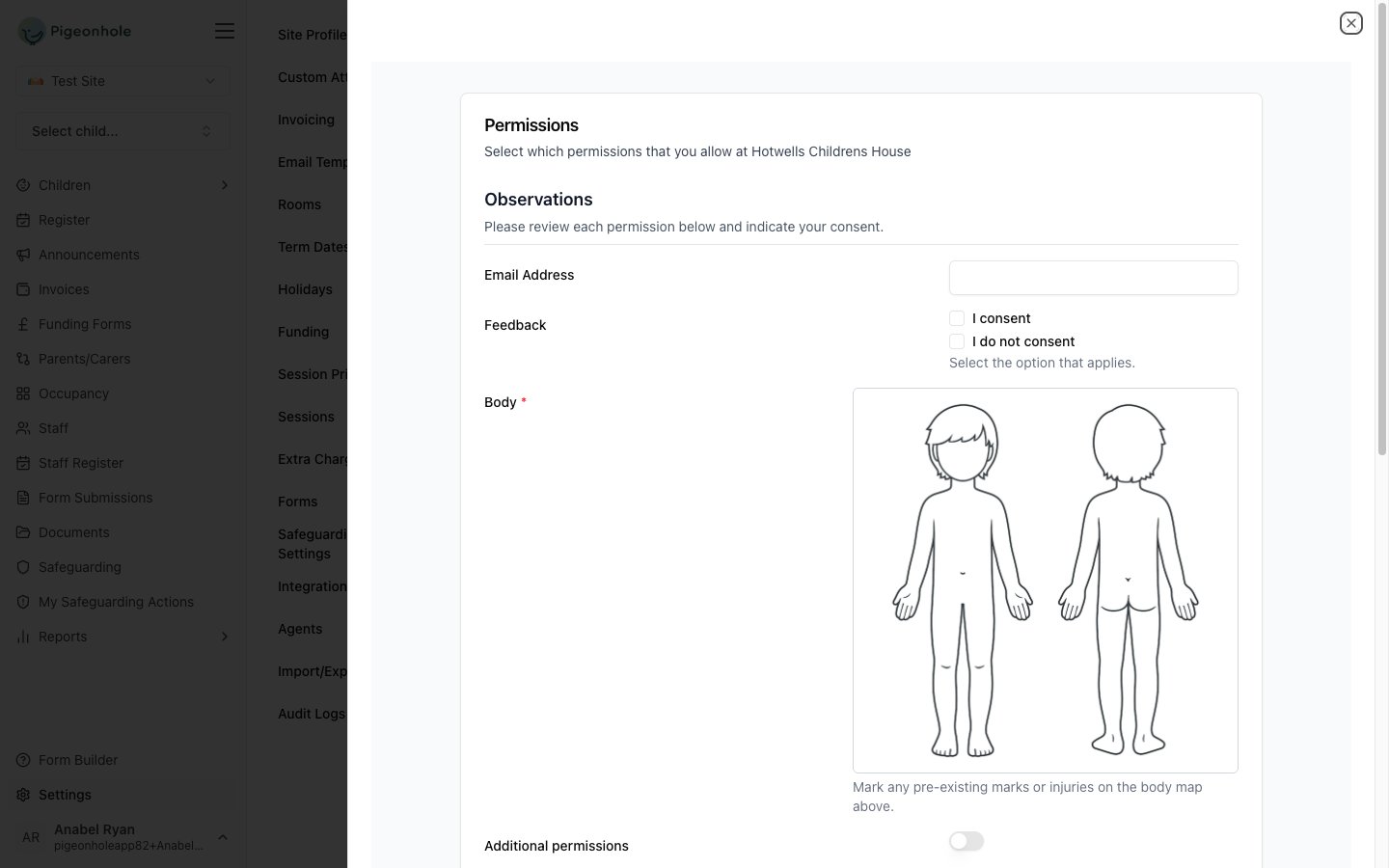 The Preview Form slide-out panel showing the form as parents will see it