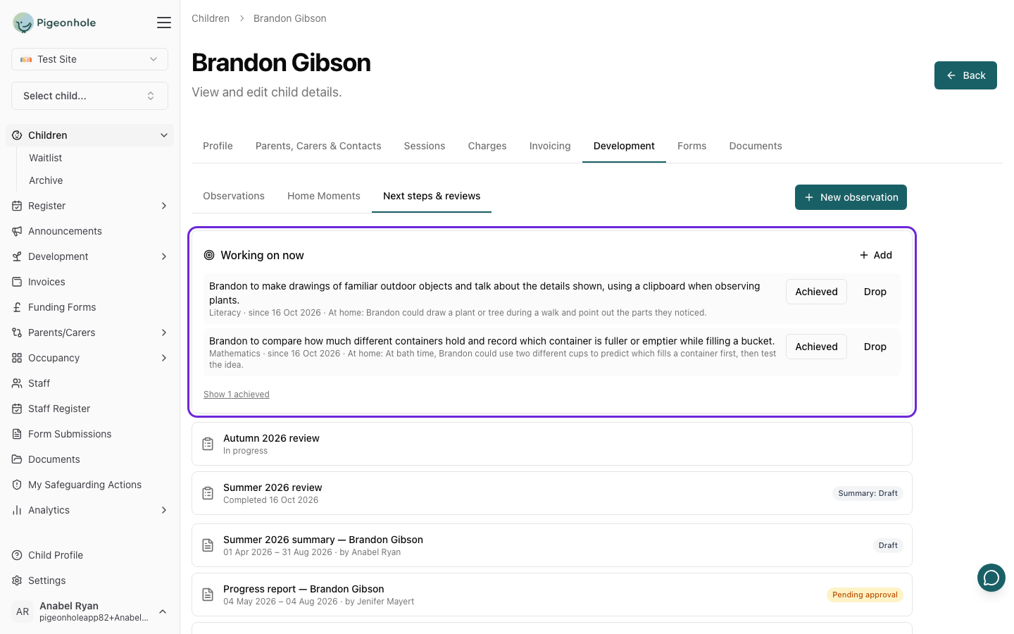 Brandon's Next steps & reviews tab: two next steps he's working on now, each with an idea for home, and his reviews and term summaries below