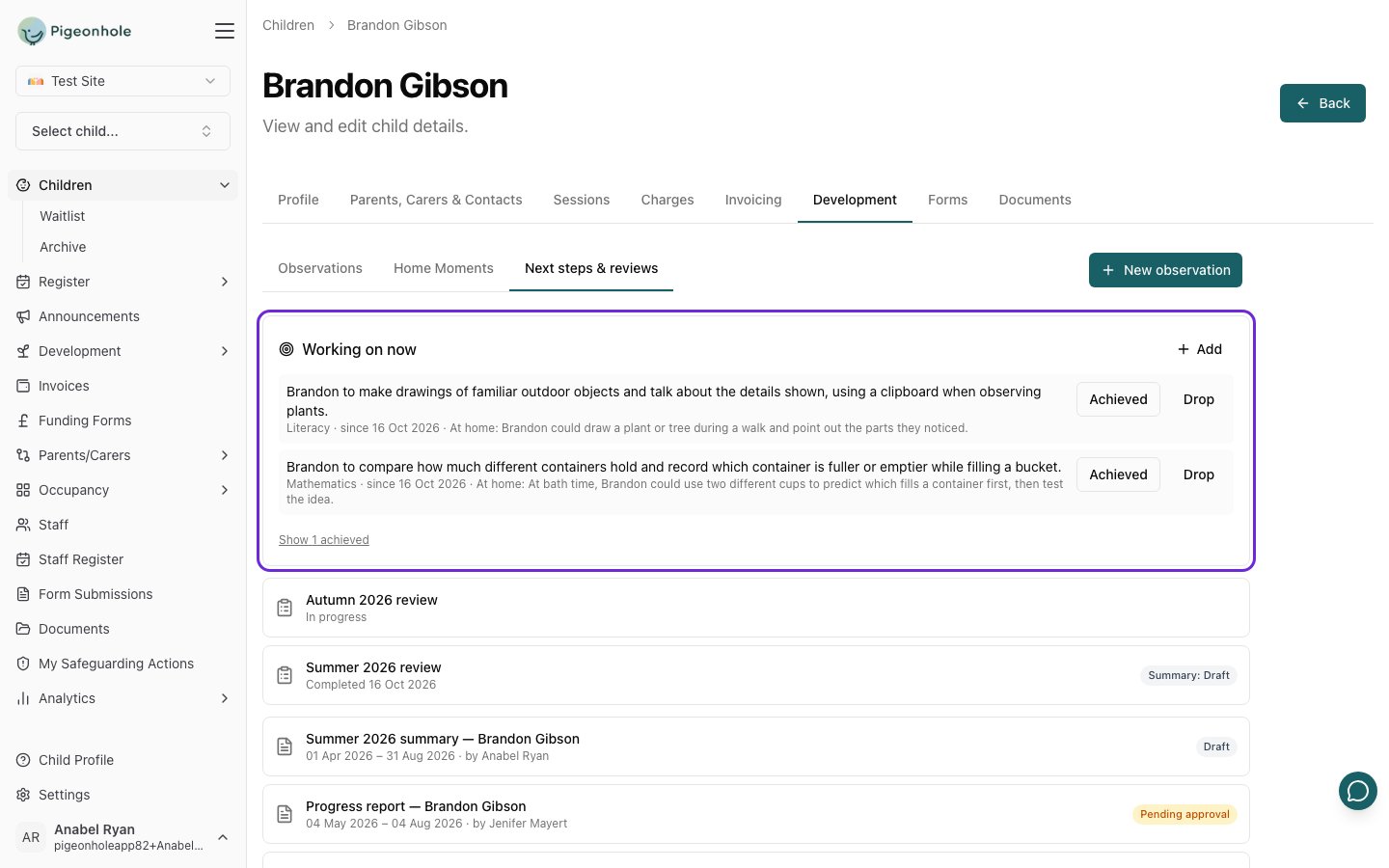 Brandon's Next steps & reviews tab: two next steps he's working on now, each with an idea for home, and his reviews and term summaries below